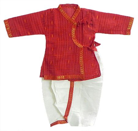 White Pyjama Dhoti and Red Kurta with Golden Border