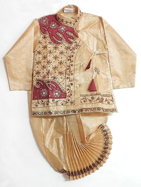 Embroidered Maroon Appliqued Beige Kurta and Pyjama Dhoti 