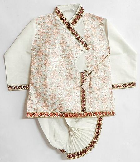 Embroidered Off-White Kurta and Pyjama Dhoti