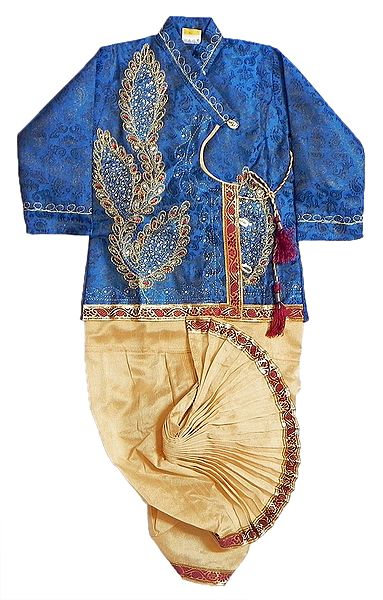 Stone Studded Blue Kurta with Embroidery and Beige Pyjama Dhoti 