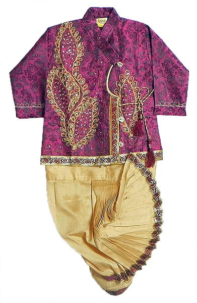 Stone Studded Magenta Kurta with Embroidery and Beige Pyjama Dhoti 