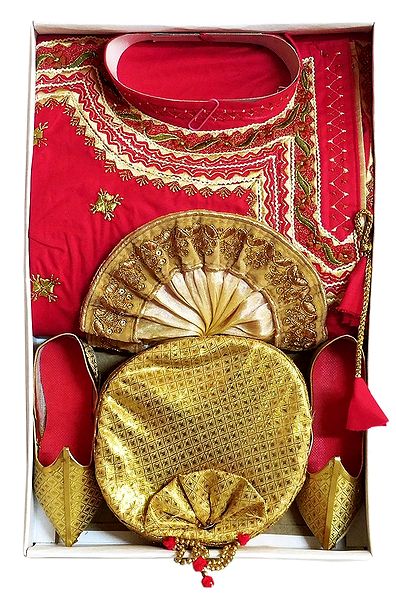 Bengal Ethnic Dress - Embroidered Red Kurta with Beige Dhoti and Golden Shoe