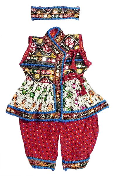 Gujrati Style Red Pyjama Dhoti, Printed White Kurta and Hair Band with Colorful Embroidery and Mirrorwork