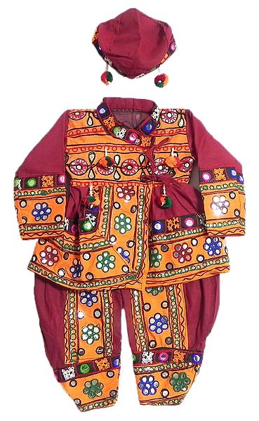 Gujrati Style Red with Saffron Pyjama Dhoti, Kurta and Red Cap with Colorful Embroidery and Mirrorwork