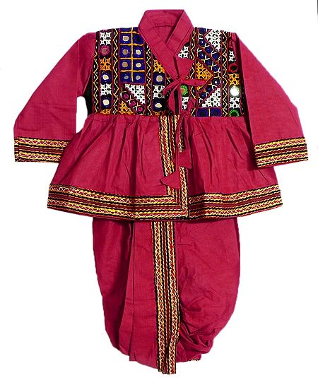 Gujrati Style Ready to Wear Red Dhoti, Kurta  with Colorful Embroidery and Mirrorwork