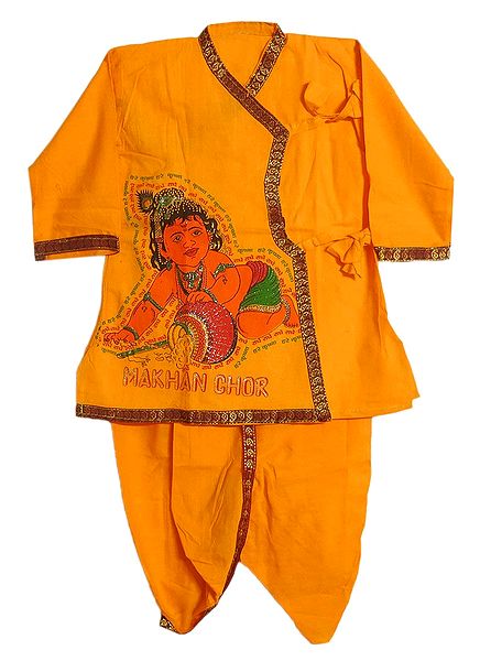 Krishna Print on Saffron Dhoti and Kurta