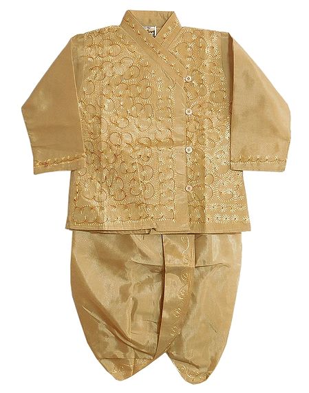Embroidered Beige Kurta and Ready to Wear Dhoti for Baby Boy
