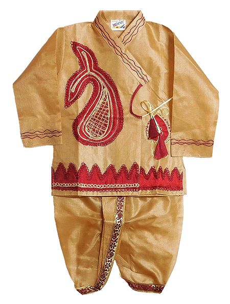 Embroidered Beige Tussar Kurta and Stitched Dhoti for Baby Boy