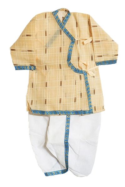 White Ready to Wear Dhoti and Light Peach Kurta with Blue Border for Baby Boy