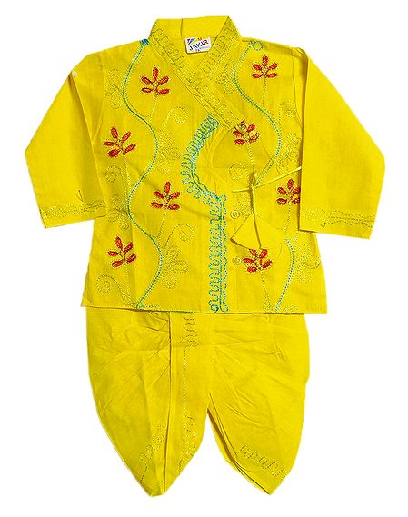 Embroidered Yellow Kurta and Ready to Wear Dhoti for Baby Boy 
