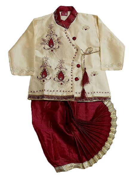 Embroidered Ivory Color Kurta and Ready to Wear Maroon Dhoti for Baby Boy 