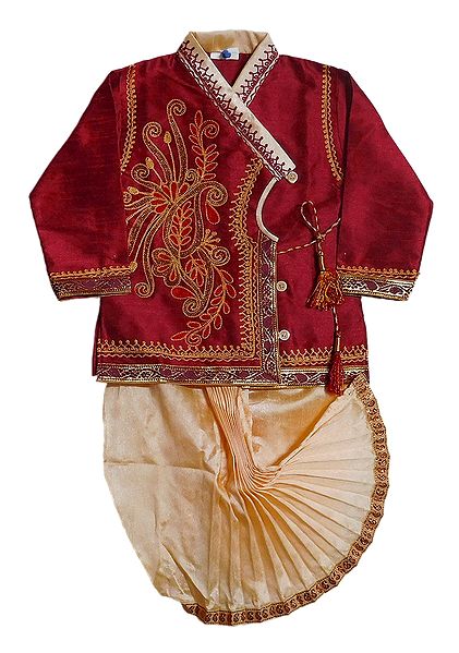 Embroidered Cotton Silk Kurta and Ready to Wear Beige Dhoti for Baby Boy 