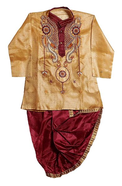 Embroidered Tussar Kurta and Ready to Wear Maroon Dhoti for Baby Boy 
