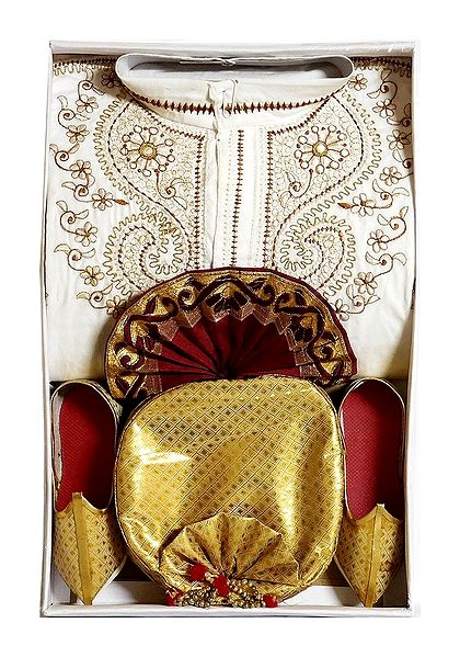Embroidered White Cotton Kurta, Ready to Wear Maroon Dhoti, Golden Pagri and Shoe