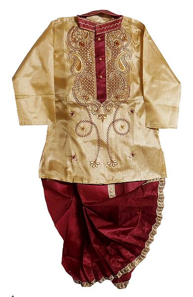 Embroidered Beige Art Silk Kurta and Ready to Wear Dhoti for Baby Boy 