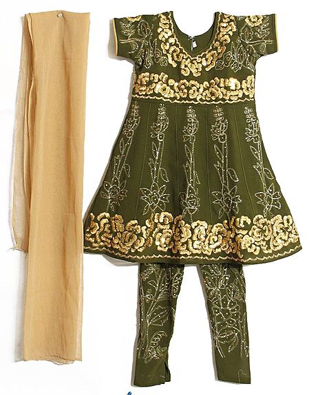 Embroidered and Sequined Olive Green Churidar Kurta with Chunni