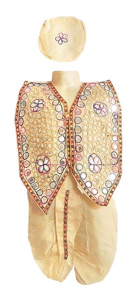 Off-White Pyjama Dhoti, Cap and Sleeveless Jacket with Cowrie and Sequin Work