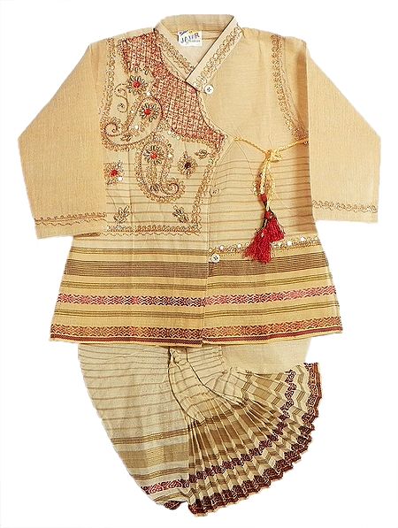 Embroidered Beige Cotton Kurta and Ready to Wear  Dhoti 