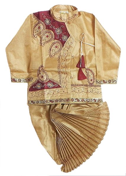 Embroidered Beige Kurta and Ready to Wear  Dhoti 