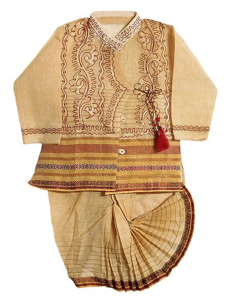 Embroidered Beige Kurta and Stitched Dhoti for Baby Boy 