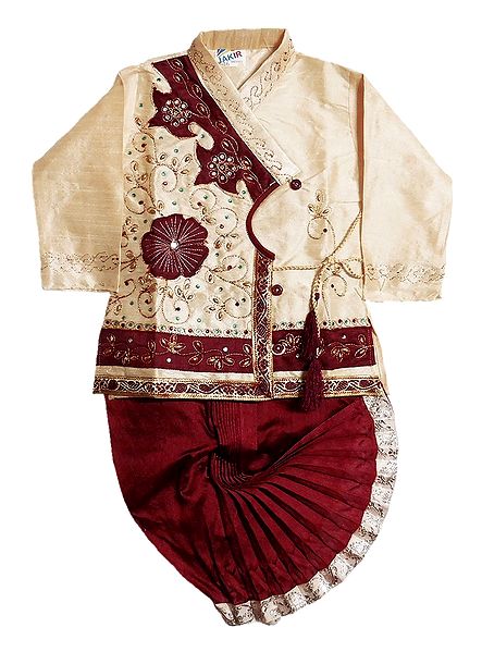 Embroidered Beige Color Kurta and Ready to Wear Maroon Dhoti for Baby Boy 