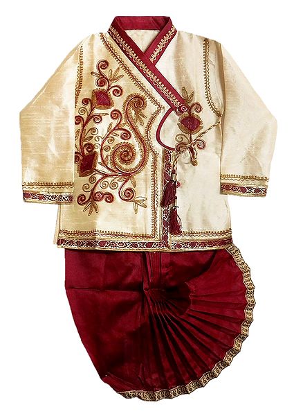 Embroidered Cotton Silk Kurta and Stitched Maroon Dhoti for Baby Boy 