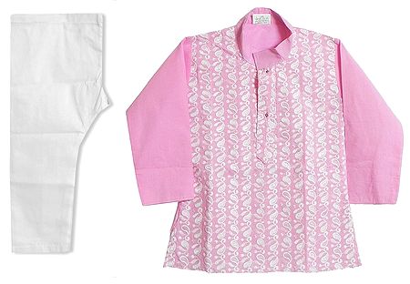 White Paisley Embroidery on Pink Blue Cotton Kurta with White Pyjama