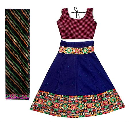 Cotton Blue Ghagra, Red with Black Choli and Chunni