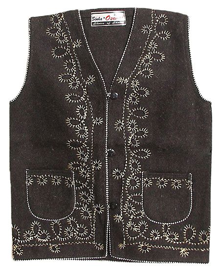 Front Open Embroidered Sleeveless Woolen Jacket with Pocket