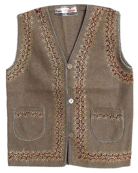 Front Open Embroidered Sleeveless Woolen Jacket with Pocket