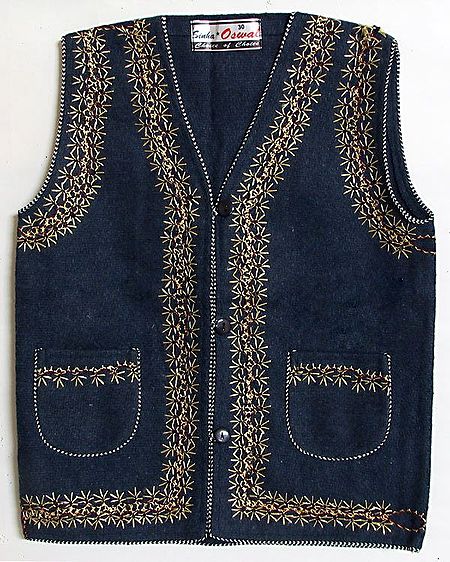 Front Open Embroidered Woolen Sleeveless Jacket with Pocket