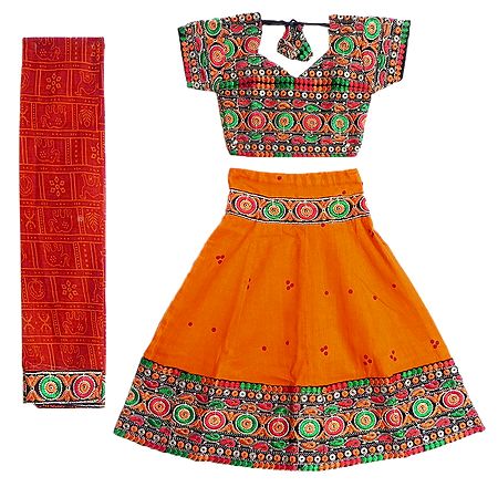 Saffron Ghagra Choli and Printed Saffron Dupatta with Colorful Embroidery