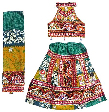Multicolor Ghagra, Halter Neck Choli and Dupatta with Colorful Embroidery and Mirrorwork