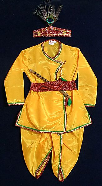 Golden Yellow Silk Dhoti (Pyjama type) and Kurta with Red, Green and Zari Border with Headress and Waistband  (This Dress is like Lord Krishna)