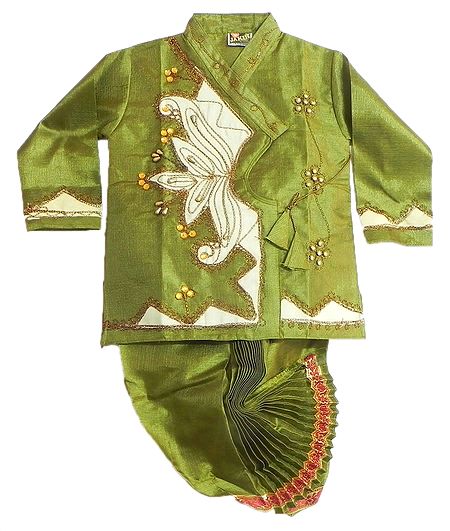 Embroidered White Appliqued Green Kurta and Pyjama Dhoti 