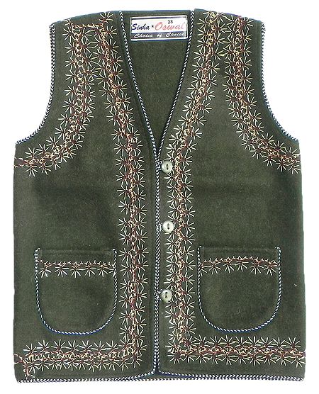 Front Open Embroidered Dark Olive Green Sleeveless Woolen Jacket with Pocket