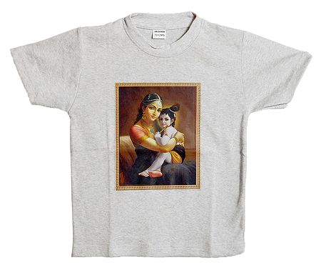 Printed Yashoda Krishna on Grey T-Shirt for Young Boy