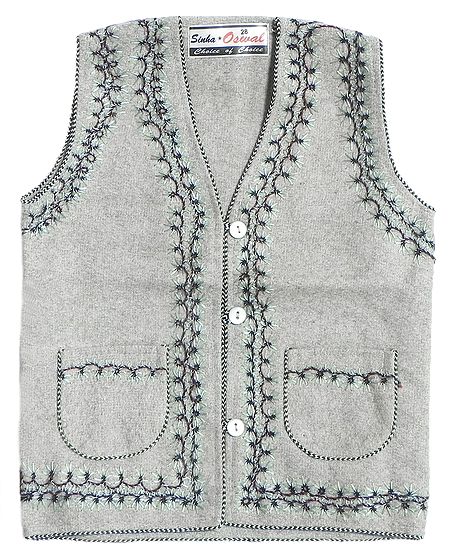 Front Open Embroidered Light Grey Sleeveless Woolen Jacket with Pocket