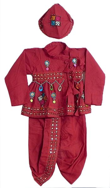 Red Kurta, Dhoti and Cap with Sequin and Bead Work