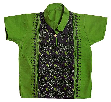 Green with Black Short Kurta with Kantha Stitch for Young Boy