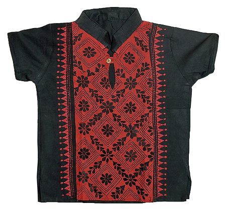 Black with Brick Red Short Kurta with Kantha Stitch for Young Boy