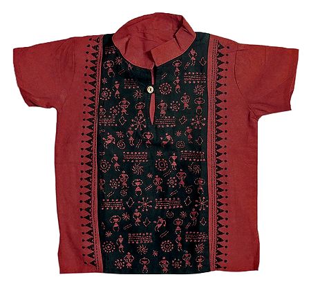 Brick Red with Black Short Kurta with Kantha Stitch for Young Boy