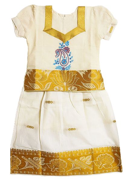 Off-White with Golden Border Cotton Kasavu Ghagra Choli for Baby Girl