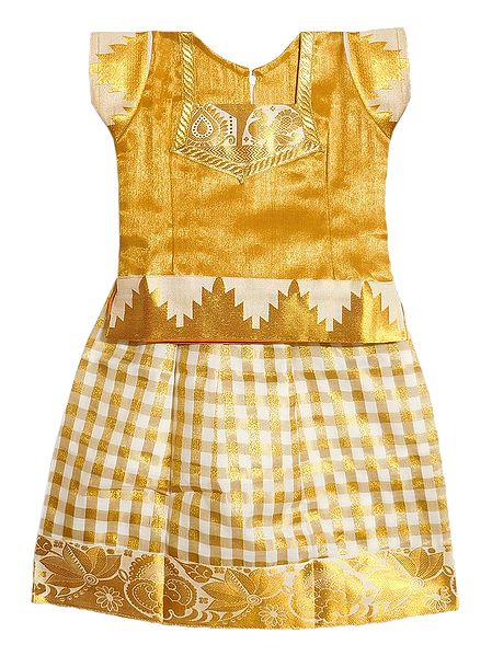 Off-White with Golden Check Cotton Ghagra and Blouse for Baby Girl