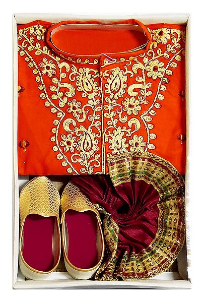 Embroidered Dark Saffron Cotton Kurta, Ready to Wear Maroon Dhoti, Golden Pagri and Shoe