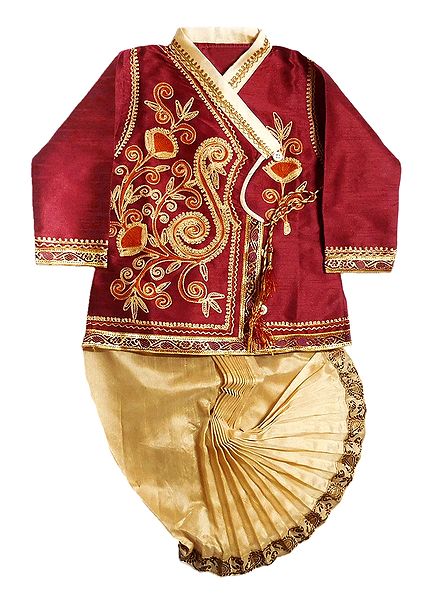 Embroidered Beige Kurta and Ready to Wear Maroon Dhoti for Baby Boy 