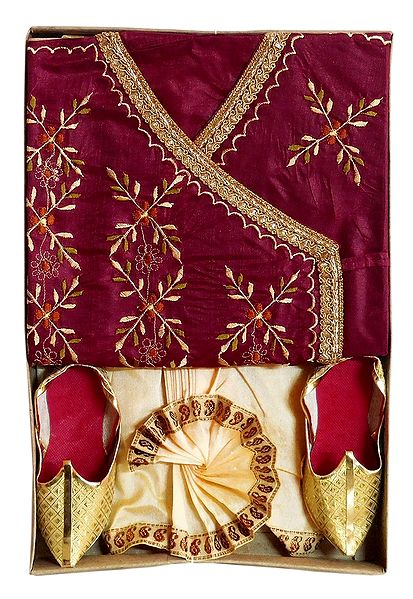 Bengal Ethnic Dress - Embroidered Maroon Kurta with Beige Dhoti and Golden Shoe