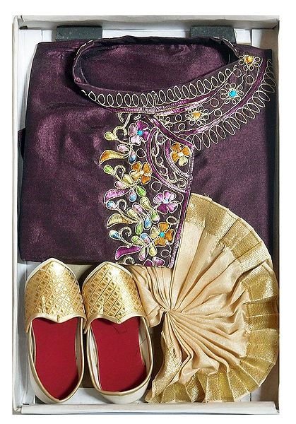 Bengal Ethnic Dress  for Baby Boy - Embroidered Purple Kurta with Beige Dhoti and Golden Shoe