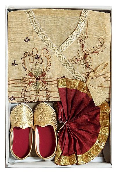 Bengal Ethnic Dress - Embroidered Beige Kurta with Red Dhoti and Golden Shoe