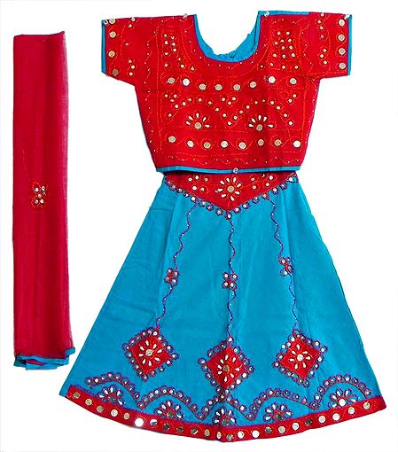 Blue Lehanga Choli and Red Odhni with Embroidery and Sequin Work